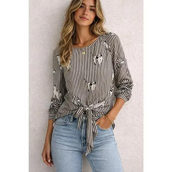 Zara Basic Cat Print Striped Blouse Tie Waist Long Sleeve Shirt Womens -Medium - Picture 1 of 7